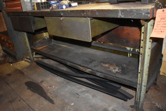 WORKBENCH WITH METAL LEGS AND WOOD TOP, TWO DRAWERS,