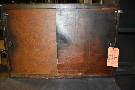 SLIDING DOOR WOODEN STORAGE CABINET WITH CONTENTS,