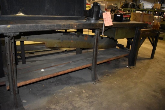 METAL FRAMED WORKBENCH WITH WOOD TOP, SINGLE DRAWER,