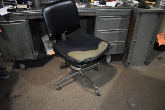 FOUR DRAWER METAL SHOP DESK WITH CHAIR AND SHELVING UNIT,
