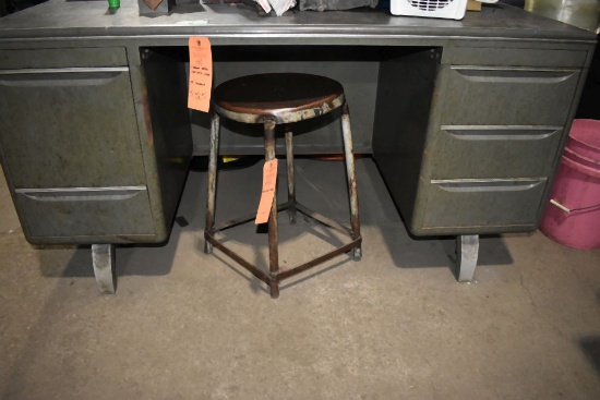 FIVE DRAWER METAL SHOP DESK WITH STOOL, NO CONTENTS,