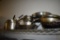 ASSORTED FRYING PANS AND KETTLES ON TOP SHELF,