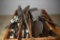 DIVIDED WOODEN BOX WITH ASSORTED UTENSILS; SCOOPS,