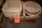 ASSORTED WICKER BASKETS AND (2) WOODEN SERVING TRAYS
