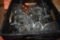 PLASTIC TOTE WITH MISC. WINE GLASSES AND BEER MUGS