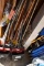 LARGE LOT OF PUSH BROOMS, MOP HANDLES, DUST MOPS,
