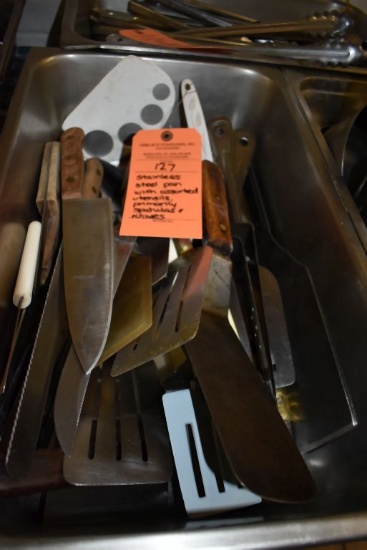 STAINLESS STEEL PAN WITH ASSORTED UTENSILS;