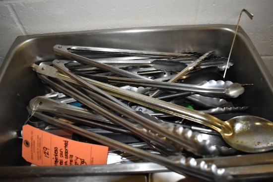 STAINLESS STEEL PAN WITH ASSORTED UTENSILS;