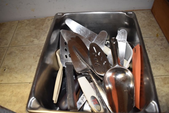STAINLESS STEEL INSERT PAN WITH ASSORTED UTENSILS;