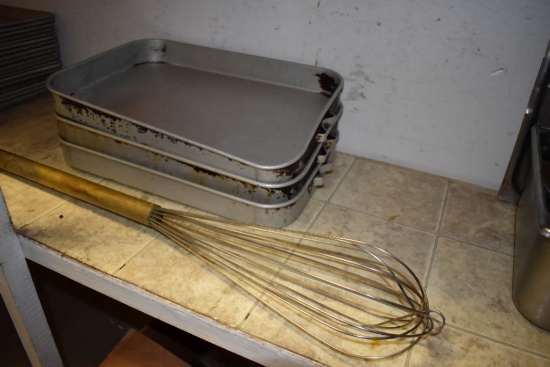(3) ALUMINUM PANS WITH HANDLES AND LARGE WHISK,