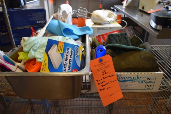 BIN & BOX WITH MISC. ITEMS, BRUSHES, SCRUB PADS, ETC.