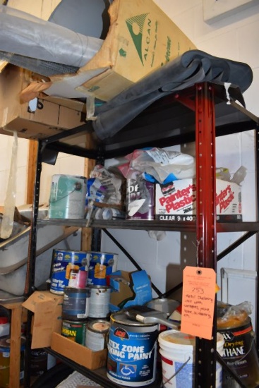 METAL SHELVING UNIT WITH CONTENTS, PAINT, HOSE,