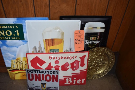 METAL GERMAN BEER ADVERTISING SIGNS AND RELIEF SCENE PLATTER