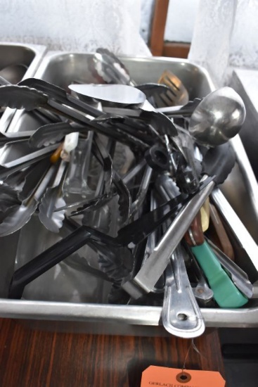 CONTAINER WITH MISC. UTENSILS, TONGS, LADLES, ETC.