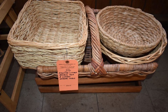 ASSORTED WICKER BASKETS AND (2) WOODEN SERVING TRAYS