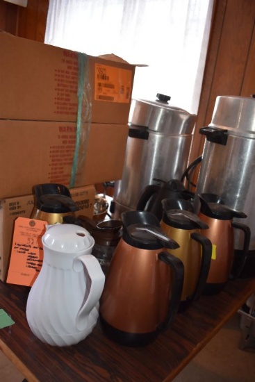CONTENTS ON TOP OF TABLE; COFFEE URNS, MAKERS,