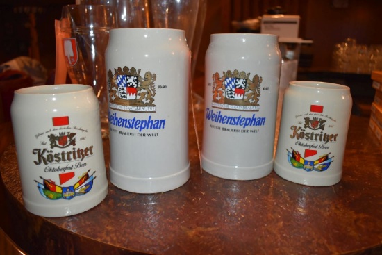 (4) CERAMIC BEER MUGS, (2) KOSTRITZER AND (2) WEIHENSTEPHAN