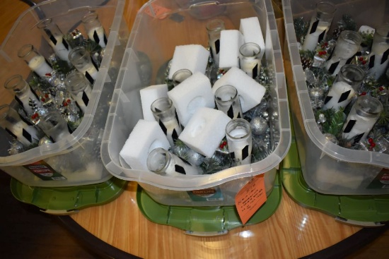 (4) BINS AND (1) BOX OF DECORATIONS AND CANDLE VOTIVES,