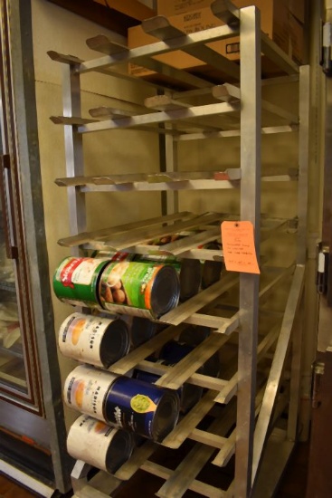 STAINLESS CAN RACK ON CASTERS, NO CONTENTS,