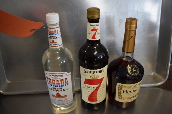 (3) BOTTLES OF HENNESSY SEAGRAMS 7 TORADA TEQUILA,
