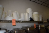 PLASTIC BUCKETS, CONTAINERS AND MISC. ON TOP SHELF