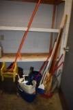 MOP BUCKETS, MOPS, BROOMS, ETC., ALL ON FLOOR