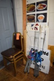 (4) STACKING CHAIRS AND ASSORTED SIGNS AND FOLDING CHAIRS