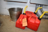 (3) FUEL CANS AND METAL BUCKET