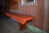 LONG WOODEN BENCH WITH ORANGE VINYL PADDED SEAT WITH