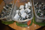(4) BINS AND (1) BOX OF DECORATIONS AND CANDLE VOTIVES,