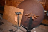 (2) METAL BASES, WOOD SQUARE TOPS AND ROUND TOP
