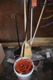 BUCKET WITH CORDS, BROOMS, DUST PAN, SQUEEGY AND