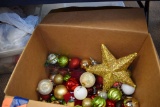 BIN AND BOX OF CHRISTMAS DECORATIONS