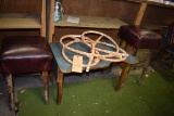 (2) VINYL STOOLS AND LAMINATE TOP WOOD TABLE,