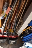 LARGE LOT OF PUSH BROOMS, MOP HANDLES, DUST MOPS,