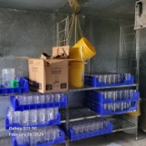 METAL SHELVING UNIT W/ASSORTED PLASTIC BEER MUGS & MISC.