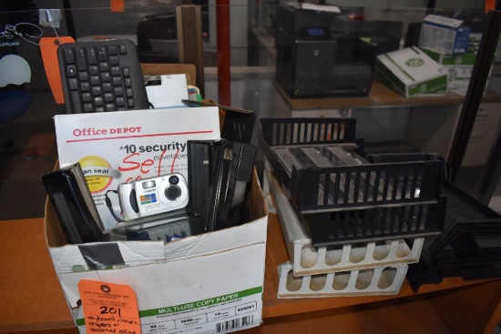 KEYBOARD, CAMERA, STAPLERS AND ASSORTED OFFICE ORGANIZERS