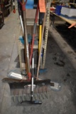 ASSORTED MOPS, BRUSHES, SQUEEGE AND CONVERTED SNOW SHOVEL