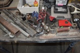 ASSORTED HAND TOOLS; GREASE GUN, BARS, FLASHLIGHTS