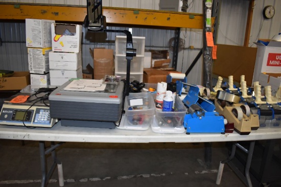 30" x 6' TABLE WITH CONTENTS; OVERHEAD PROJECTOR,