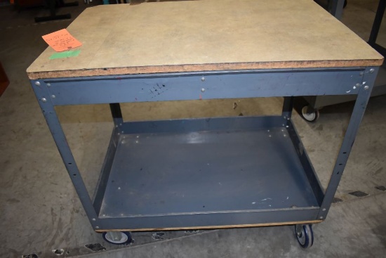 TWO TIER SHOP CART WITH WOOD TOP, 5" CASTERS,