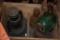 WOODEN BOX WITH MISC.; DIETY LANTERN, DESK LIGHT, ETC.