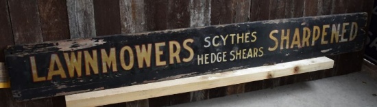 LAWNMOWERS, SCYTHES, HEDGE SHEARS SHARPENED WOOD SIGN
