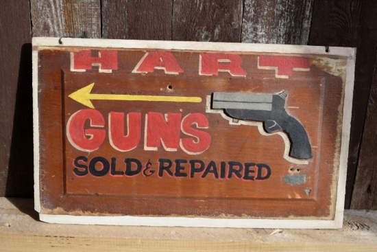 HART GUNS DOUBLE SIDED WOODEN SIGN, HAND PAINTED,