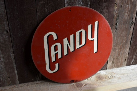 CANDY SINGLE SIDED TIN SIGN, 11 3/4" DIAMETER