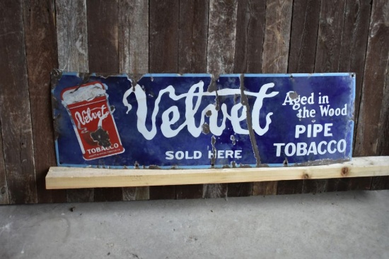 VELVET PIPE TOBACCO METAL AND PORCELAIN SIGN, 39" x 12"