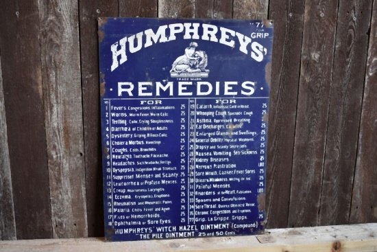 HUMPHREYS REMEDIES METAL SIGN, 22" X 16 1/2"