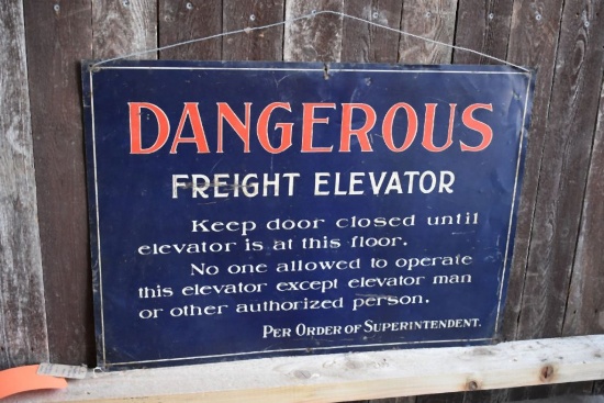 DANGEROUS FREIGHT ELEVATOR METAL SIGN, 27 1/2" x 19 1/2"