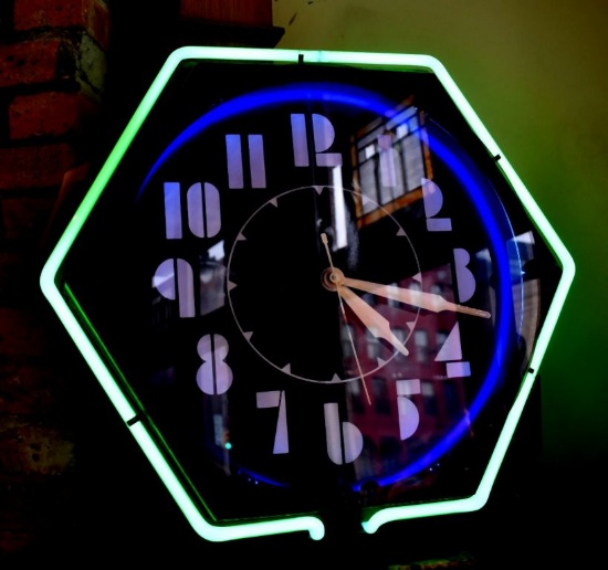 CLOCK WITH NEON LIGHTS, SIX SIDED, 23" x 23" x 8" DEEP