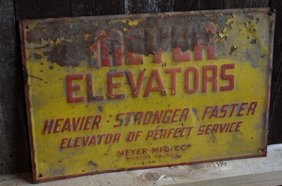 MEYER ELEVATORS, "HEAVIER, STRONGER, FASTER", METAL SIGN,